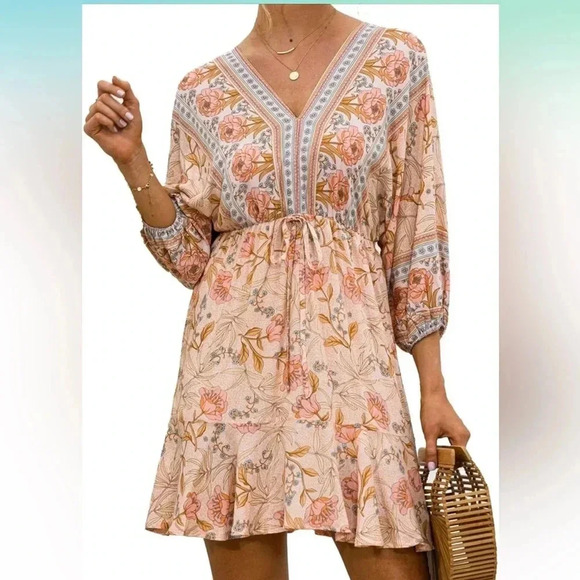 Floral Print V Neck 3/4 Sleeve Tie Waist Ruffle Flowy Short Dress NEW - Picture 1 of 5